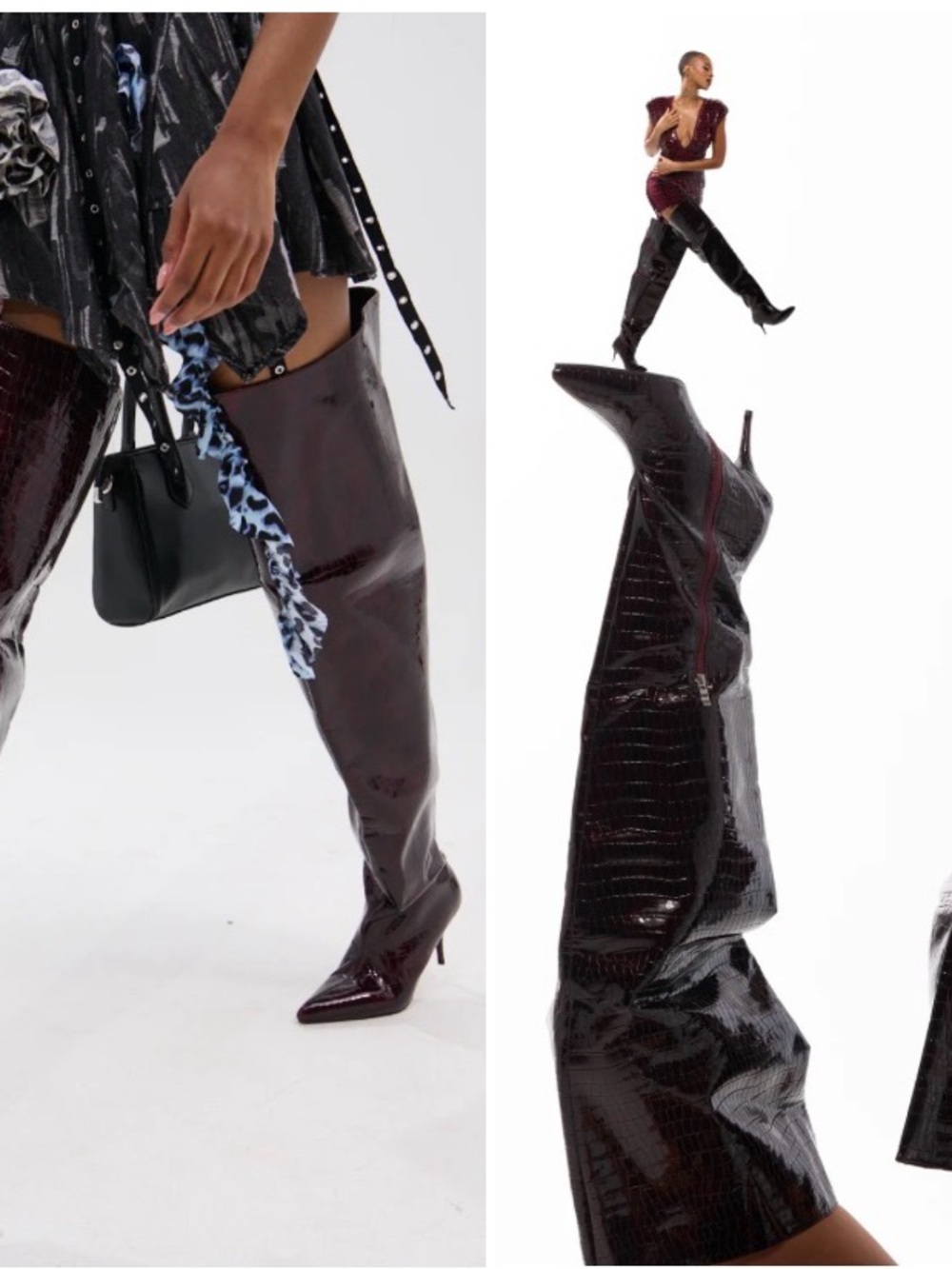Over-the-Knee Pointed Toe Patent Croc Boot in Deep Burgundy